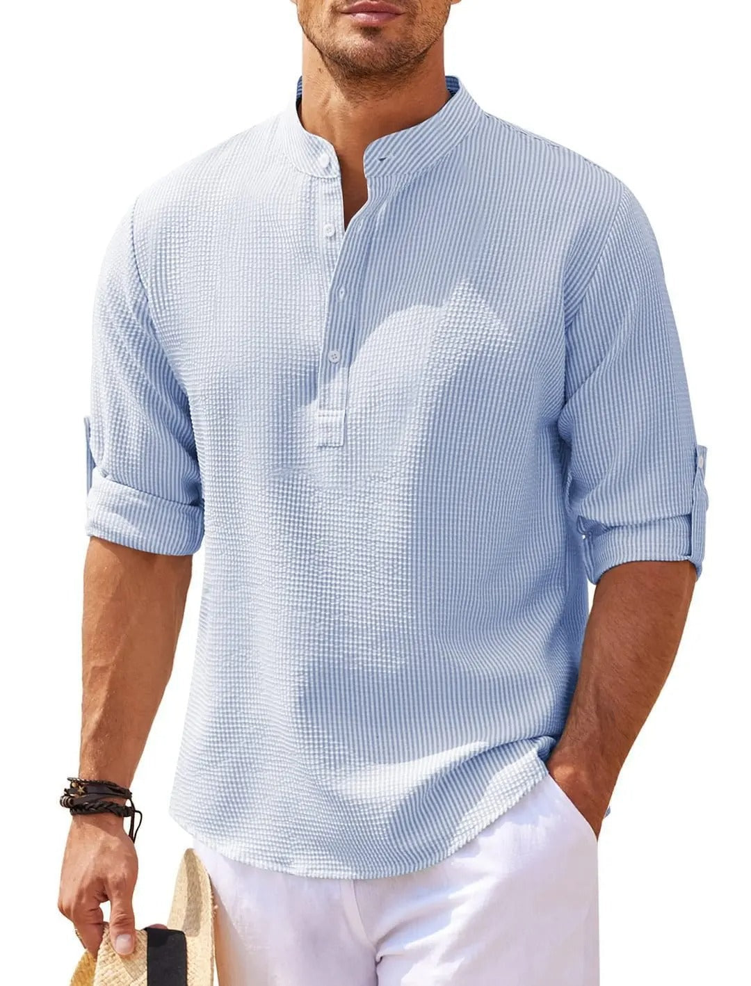 Henry | Men's Striped Linen Stand-Collar Long-Sleeve Henley Shirt Prescott Mode