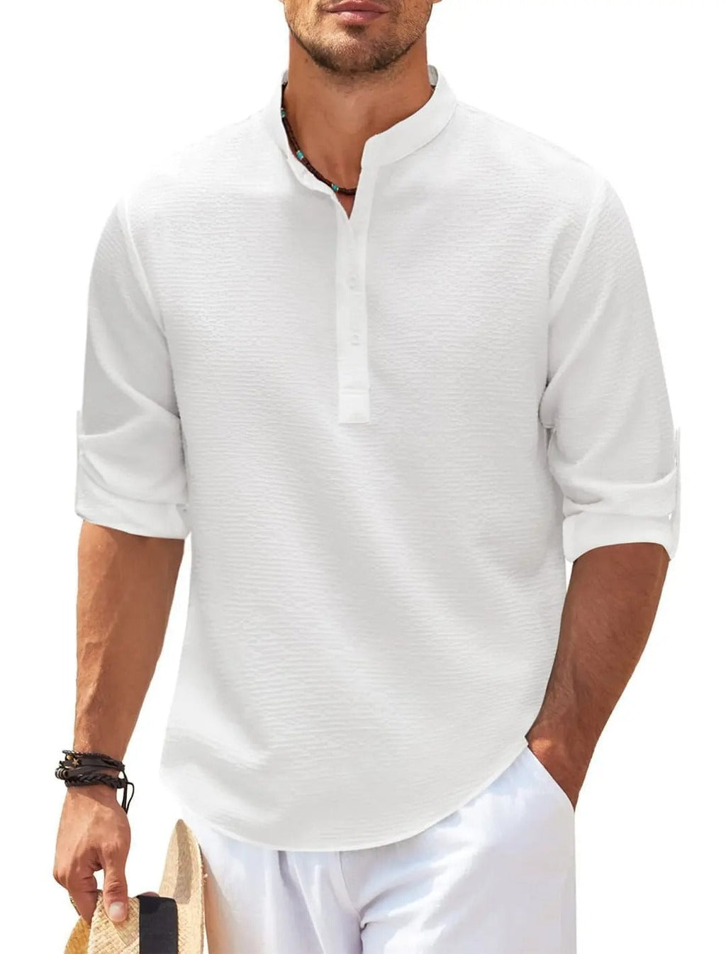 Henry | Men's Striped Linen Stand-Collar Long-Sleeve Henley Shirt Prescott Mode