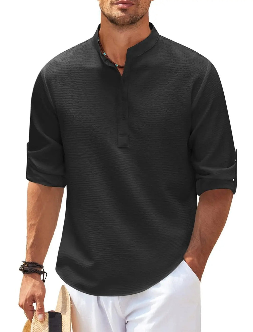 Henry | Men's Striped Linen Stand-Collar Long-Sleeve Henley Shirt Prescott Mode
