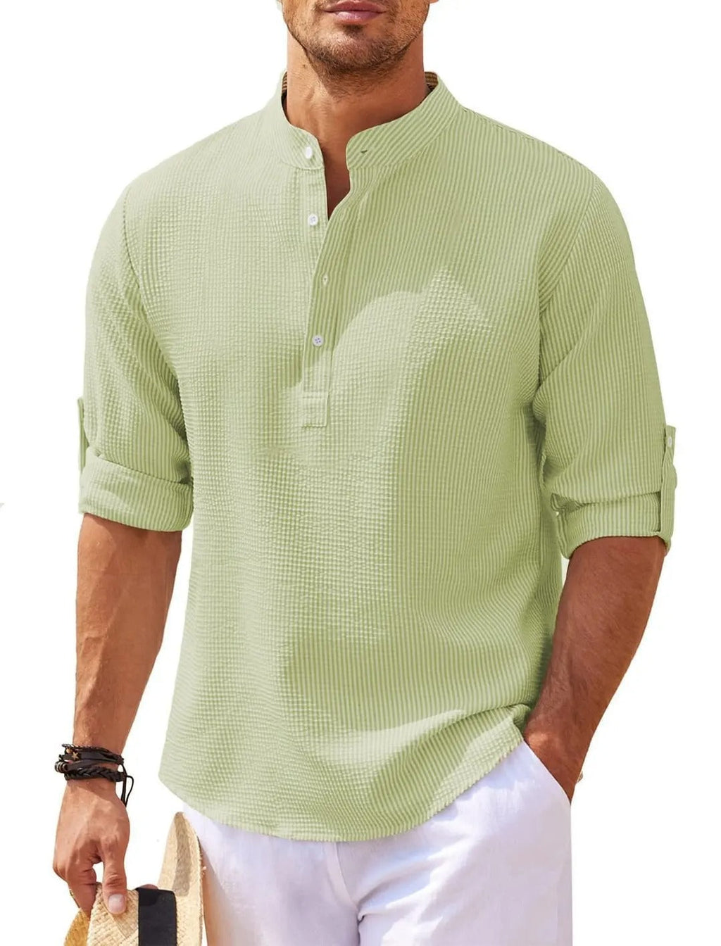 Henry | Men's Striped Linen Stand-Collar Long-Sleeve Henley Shirt Prescott Mode