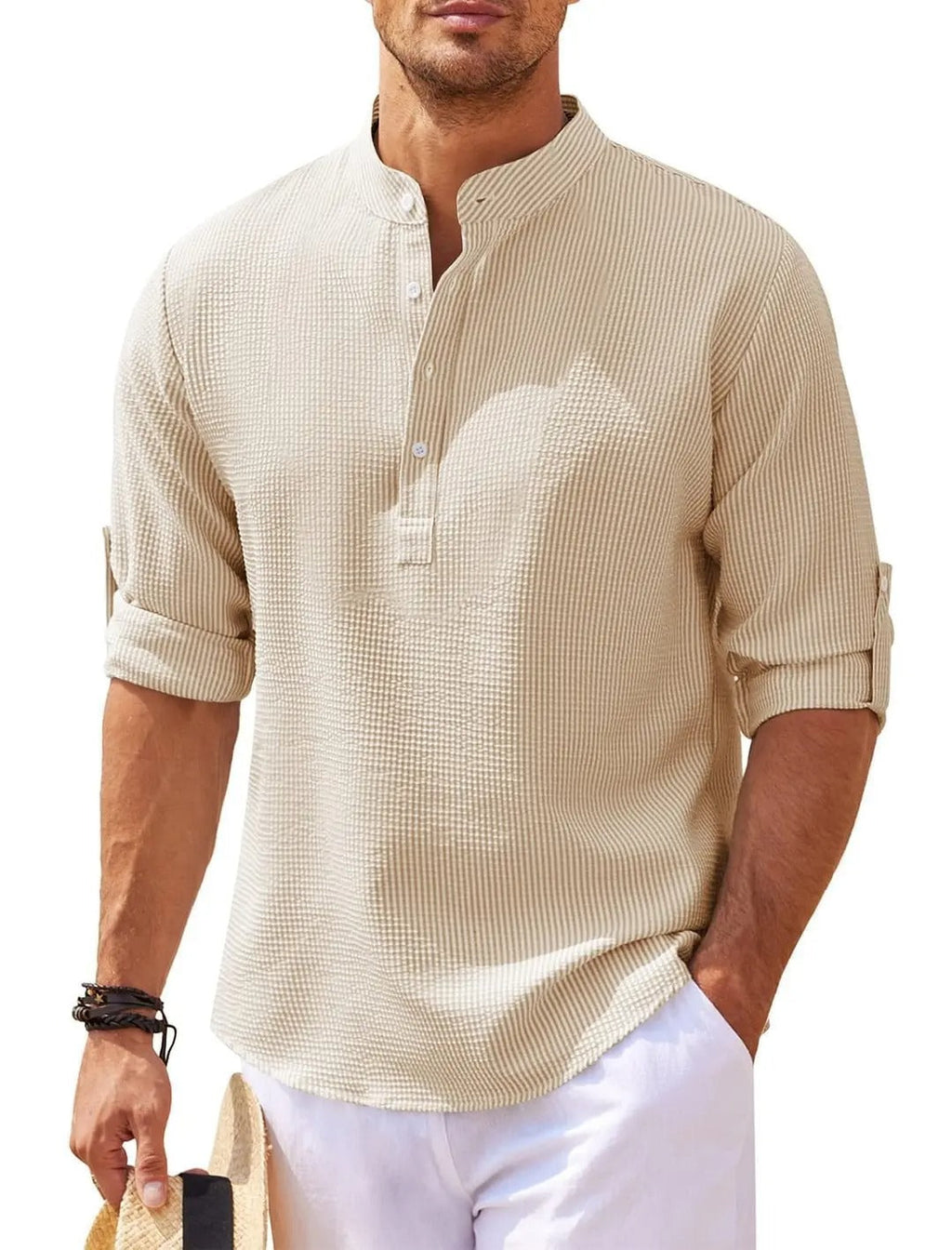 Henry | Men's Striped Linen Stand-Collar Long-Sleeve Henley Shirt Prescott Mode