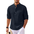 Henry | Men's Striped Linen Stand-Collar Long-Sleeve Henley Shirt Prescott Mode