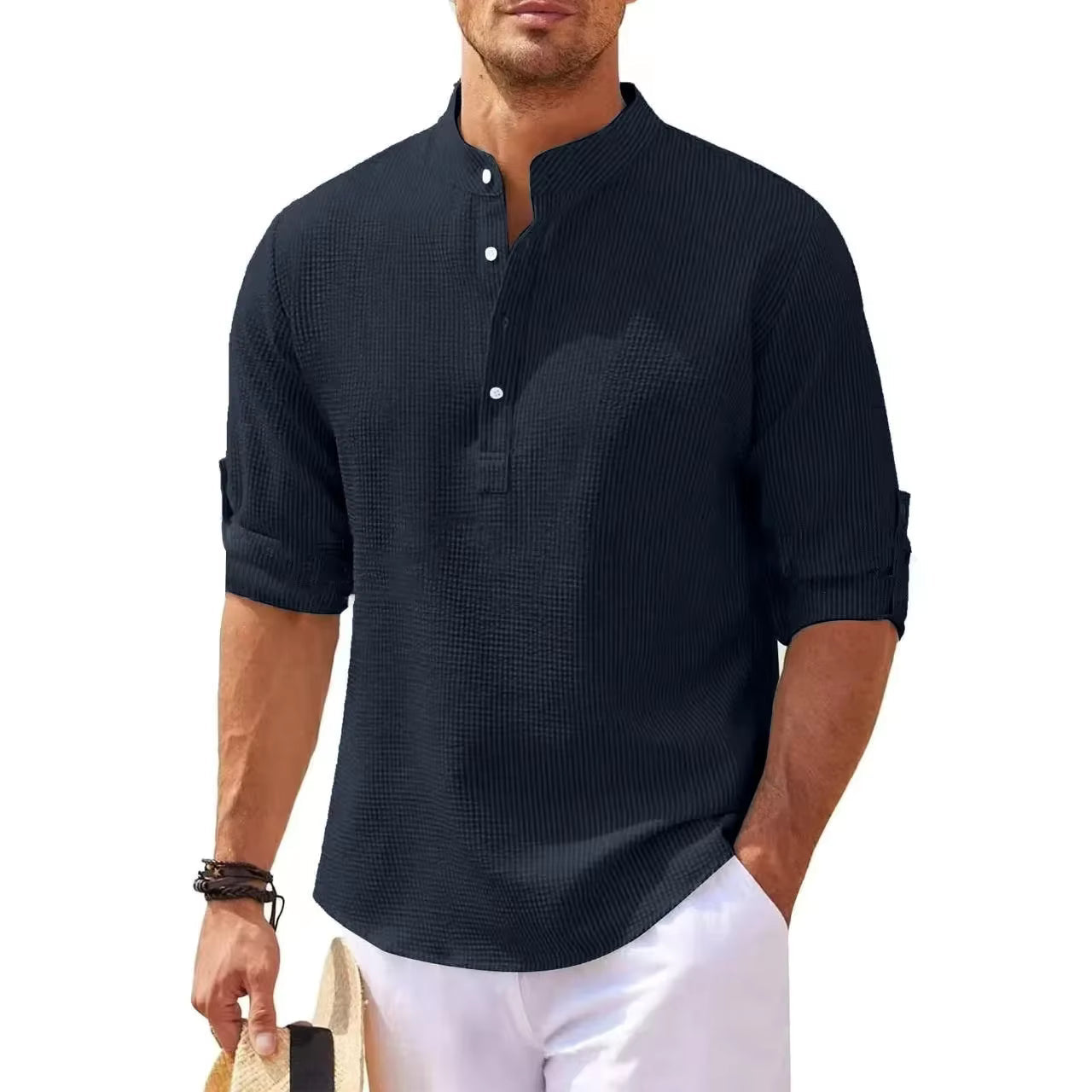 Henry | Men's Striped Linen Stand-Collar Long-Sleeve Henley Shirt Prescott Mode