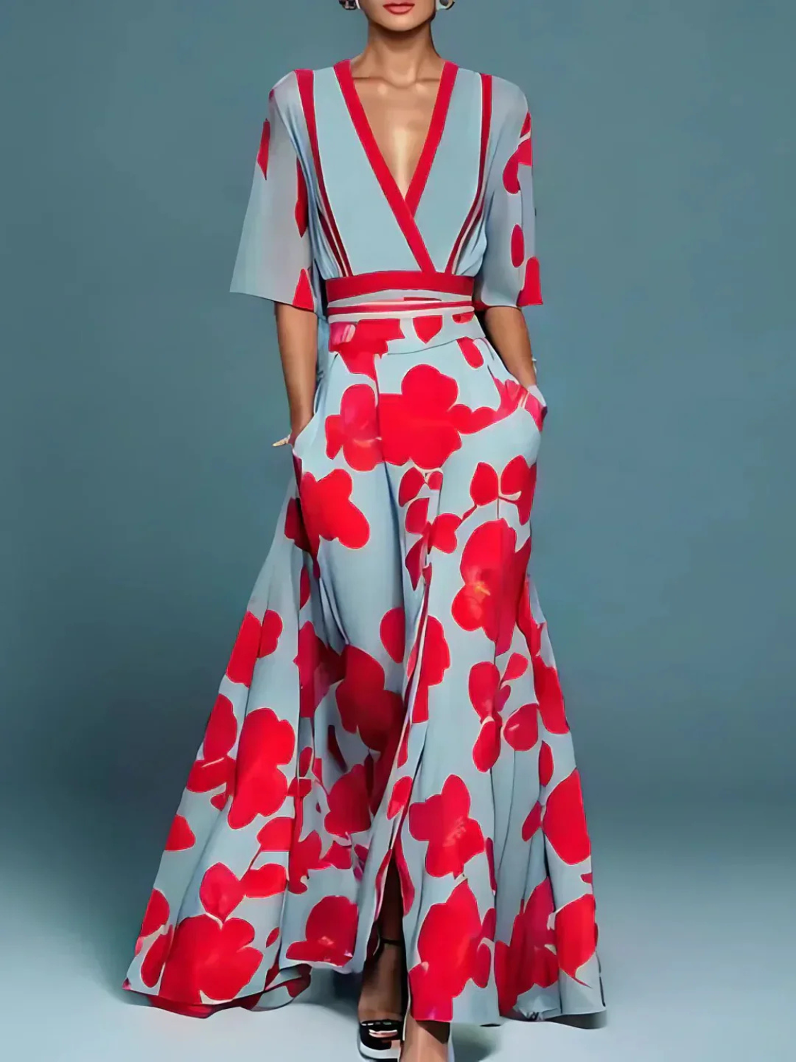 Women’s Floral V-Neck Maxi Dress with Belt Prescott Mode
