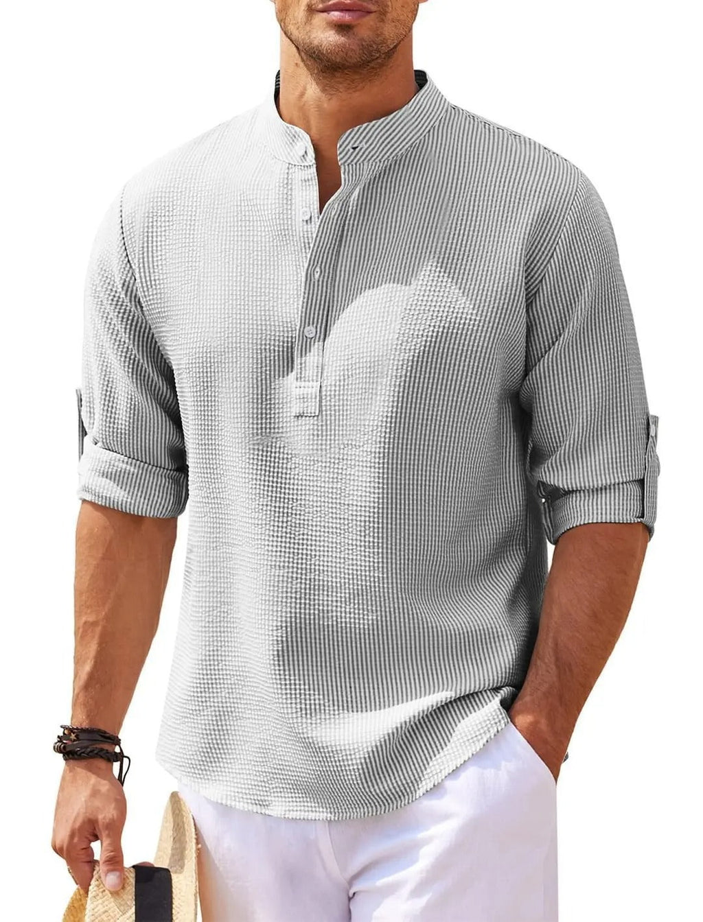 Henry | Men's Striped Linen Stand-Collar Long-Sleeve Henley Shirt Prescott Mode