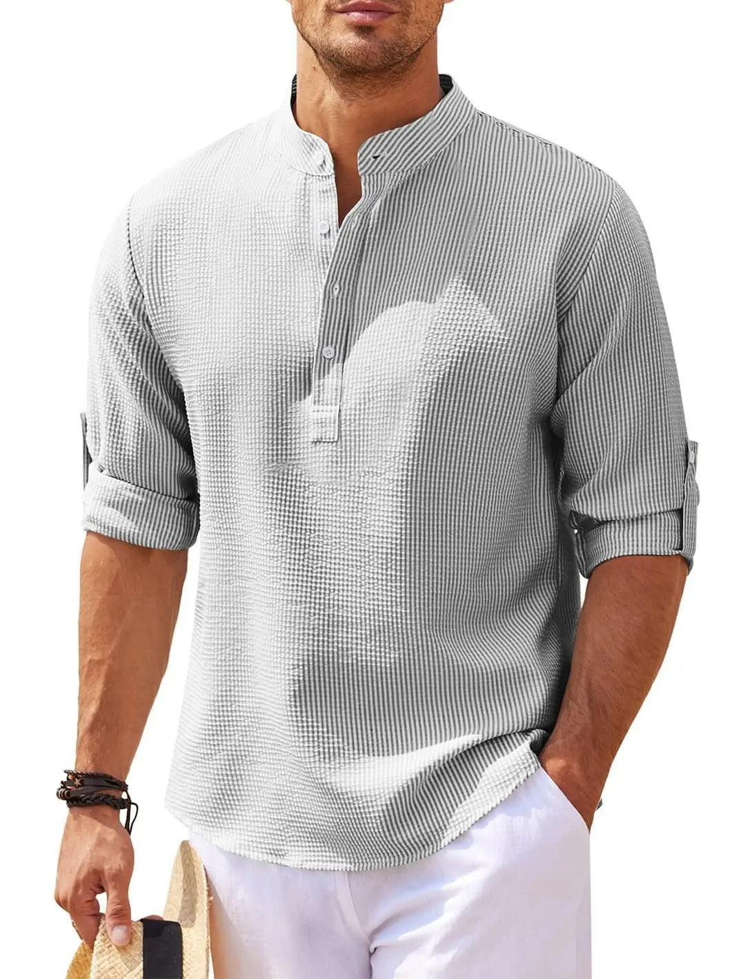 Henry | Men's Striped Linen Stand-Collar Long-Sleeve Henley Shirt Prescott Mode