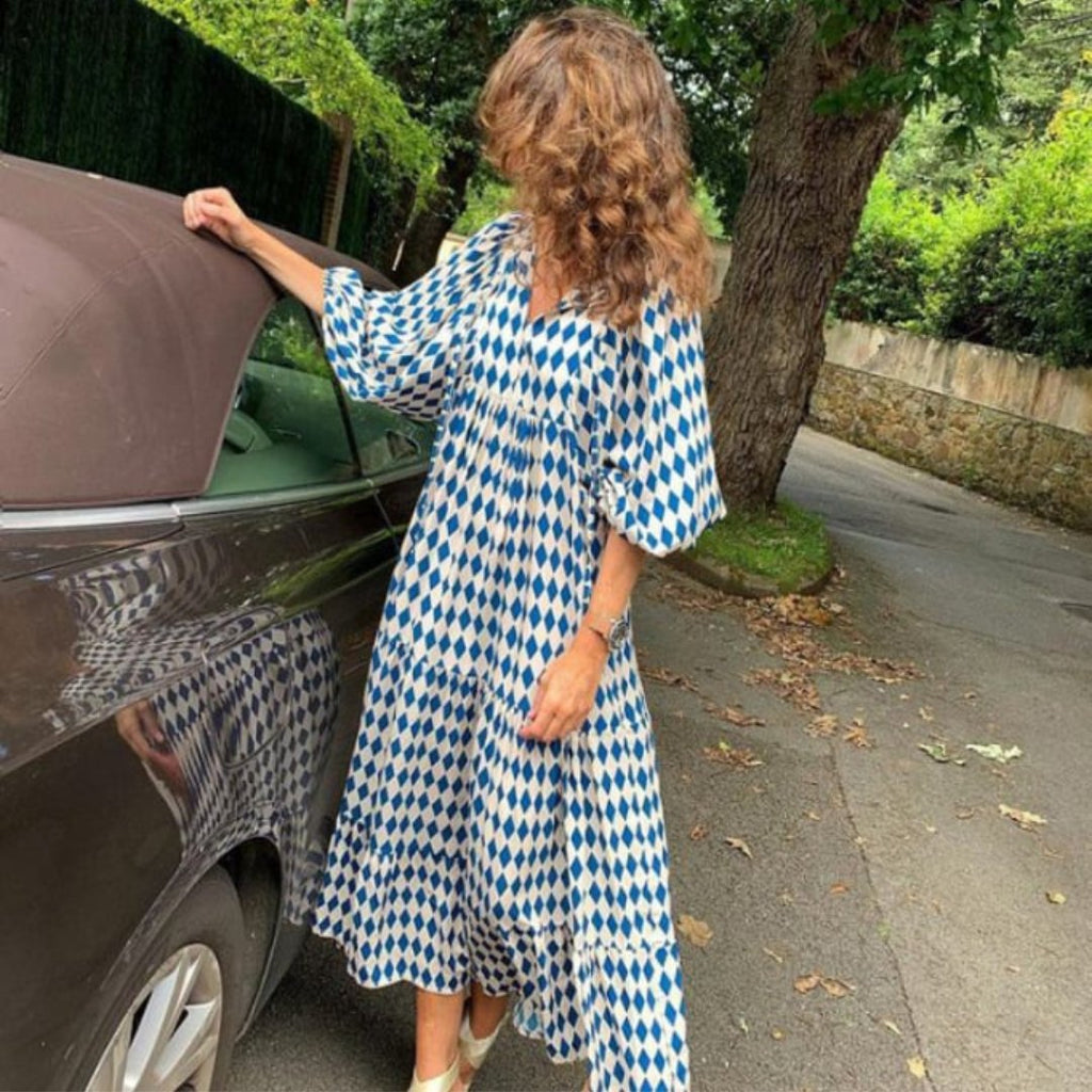 Boho Maxi Dress V-Neck Puff Sleeve Geometric Print - Sky Blue
