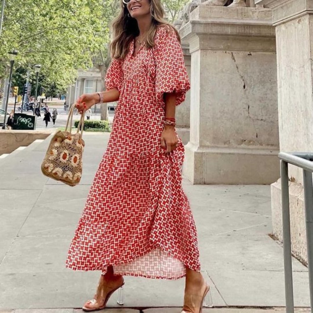 Boho Maxi Dress V-Neck Puff Sleeve Geometric Print - Red