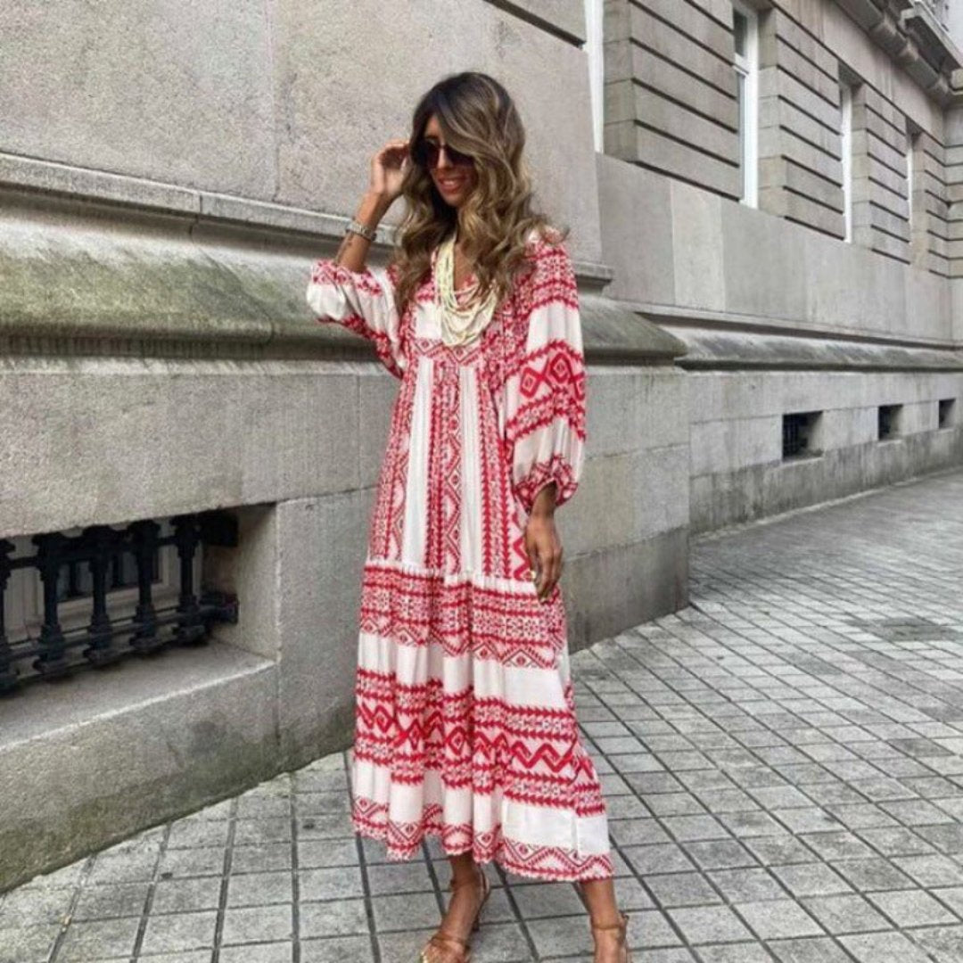Boho Maxi Dress V-Neck Puff Sleeve Geometric Print - Claret
