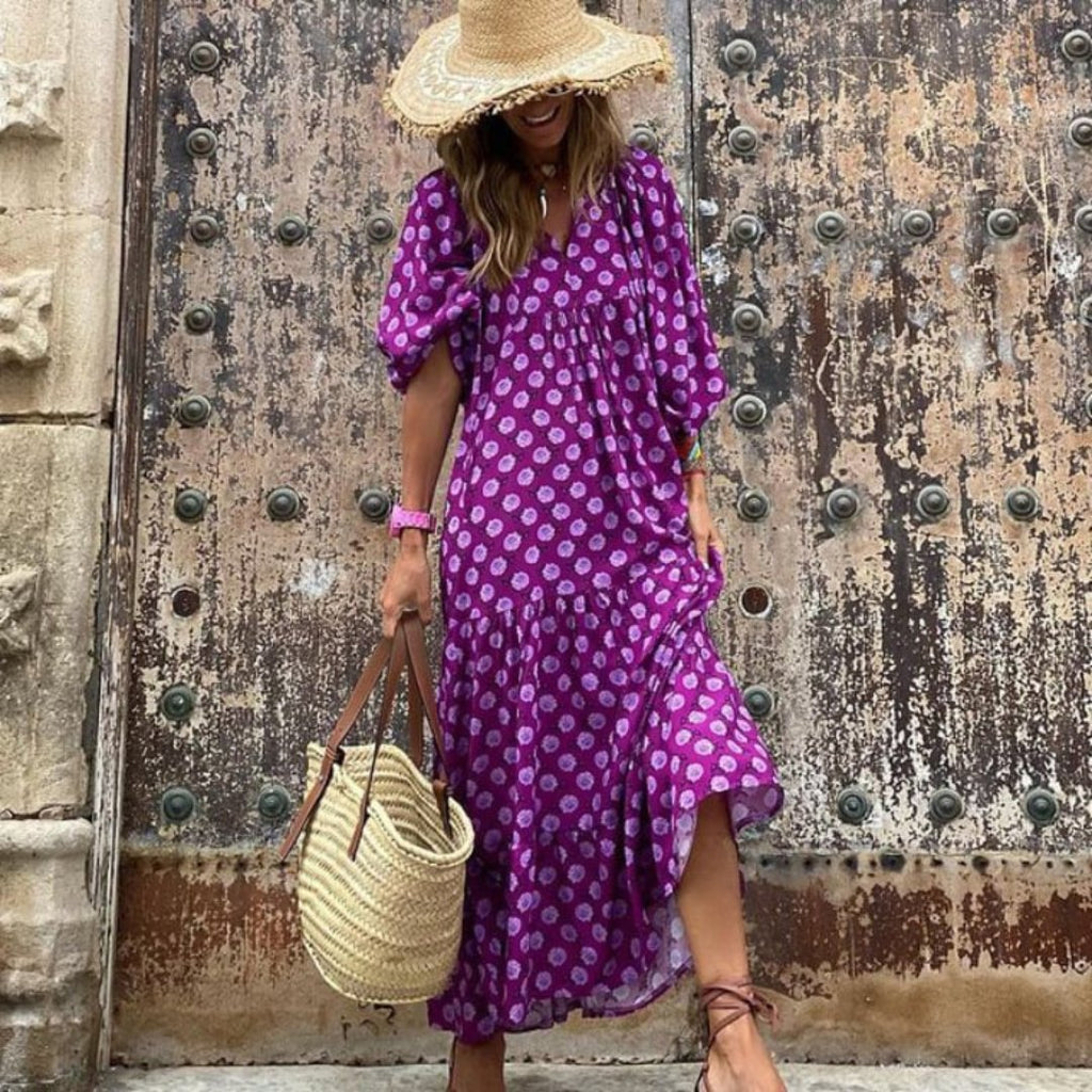 Boho Maxi Dress V-Neck Puff Sleeve Geometric Print - Purple