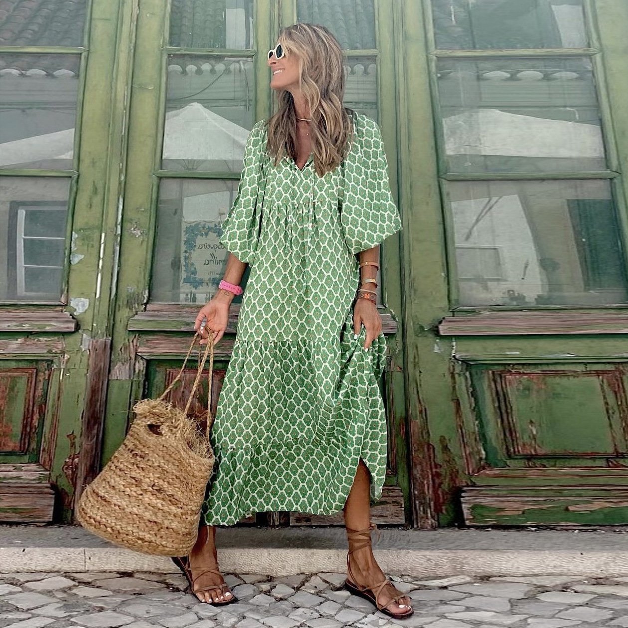 Boho Maxi Dress V-Neck Puff Sleeve Geometric Print