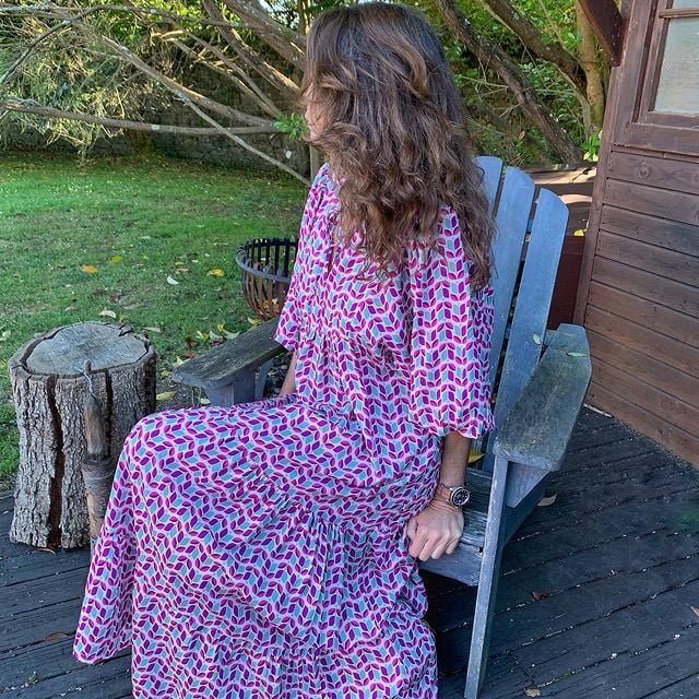 Boho Maxi Dress V-Neck Puff Sleeve Geometric Print