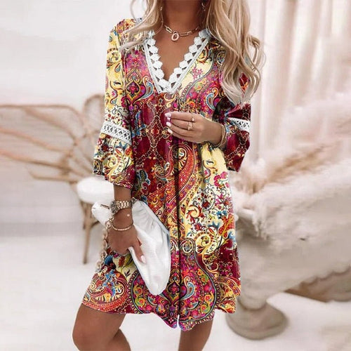 Boho Mini Dress V-Neck Floral Print Long Sleeve Loose Fit - Red