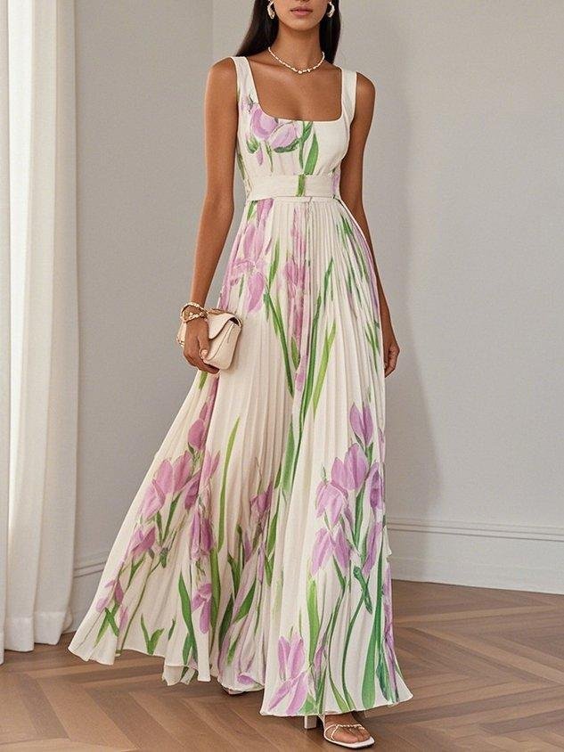 Boho Pleated Maxi Dress Square Neckline A-Line Sleeveless