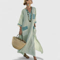 Boho V-Neck Striped Linen Maxi Dress with Pockets - Blackish Green