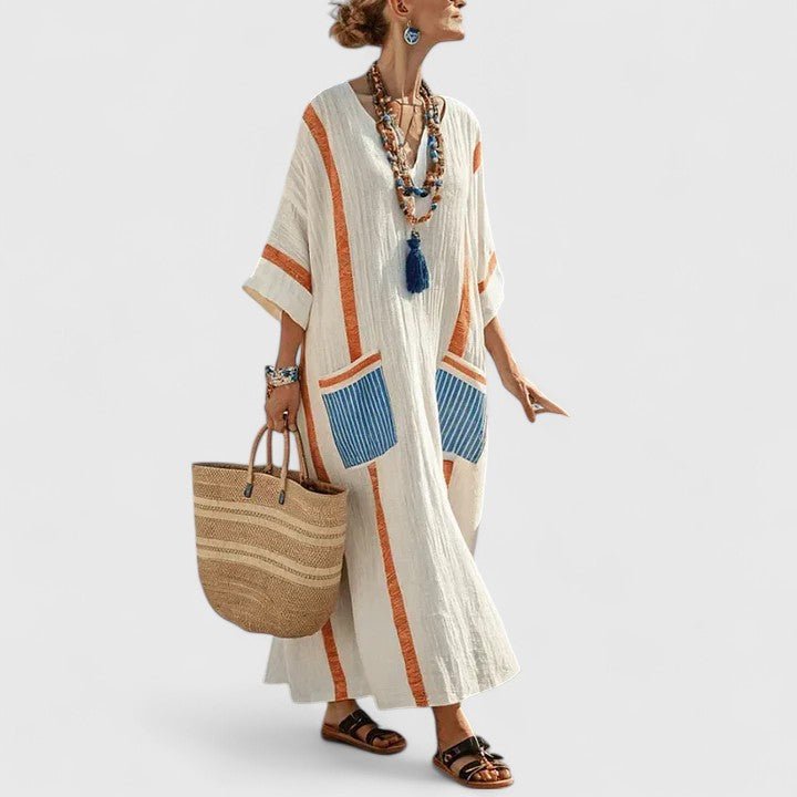 Boho V-Neck Striped Linen Maxi Dress with Pockets - Orange Blue