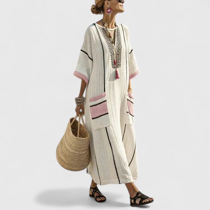 Boho V-Neck Striped Linen Maxi Dress with Pockets - Black Pink