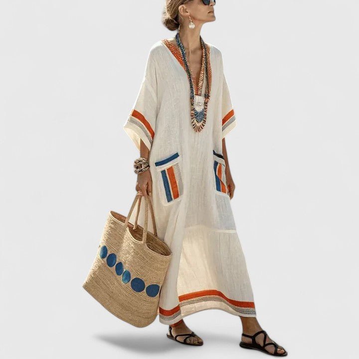 Boho V-Neck Striped Linen Maxi Dress with Pockets - Cream