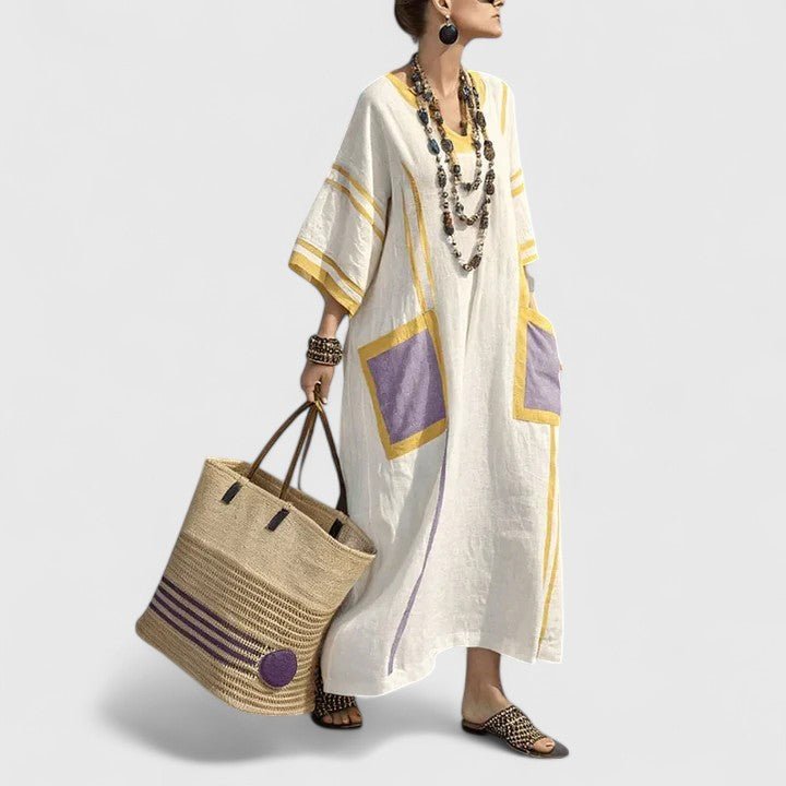Boho V-Neck Striped Linen Maxi Dress with Pockets - Yellow Purple