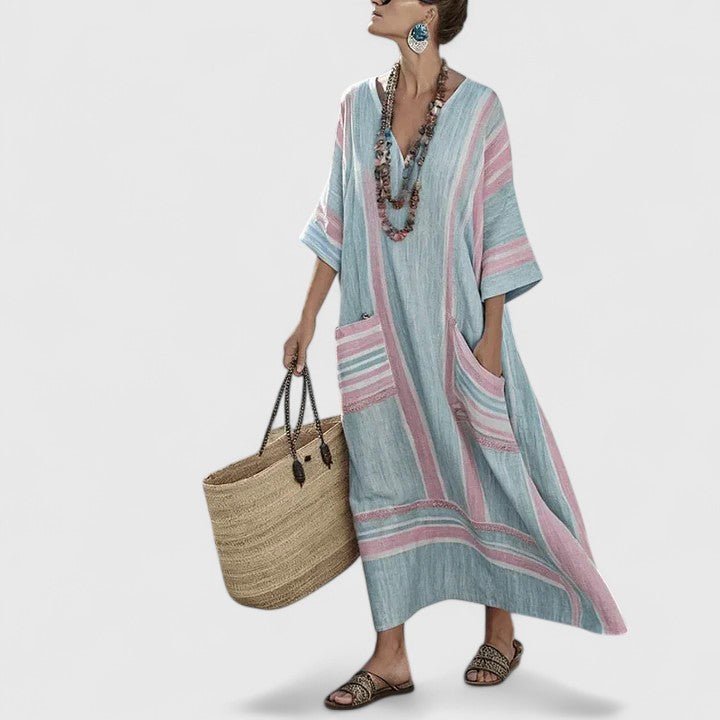 Boho V-Neck Striped Linen Maxi Dress with Pockets - Pink Green