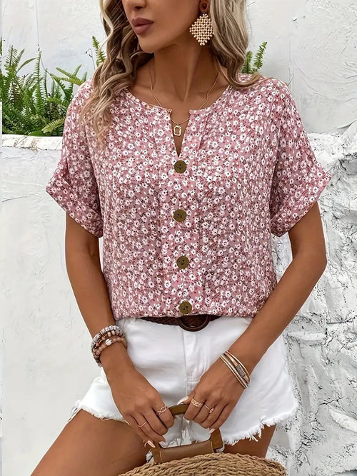 Cotton Ditsy Floral Button Front Blouse Short Sleeve