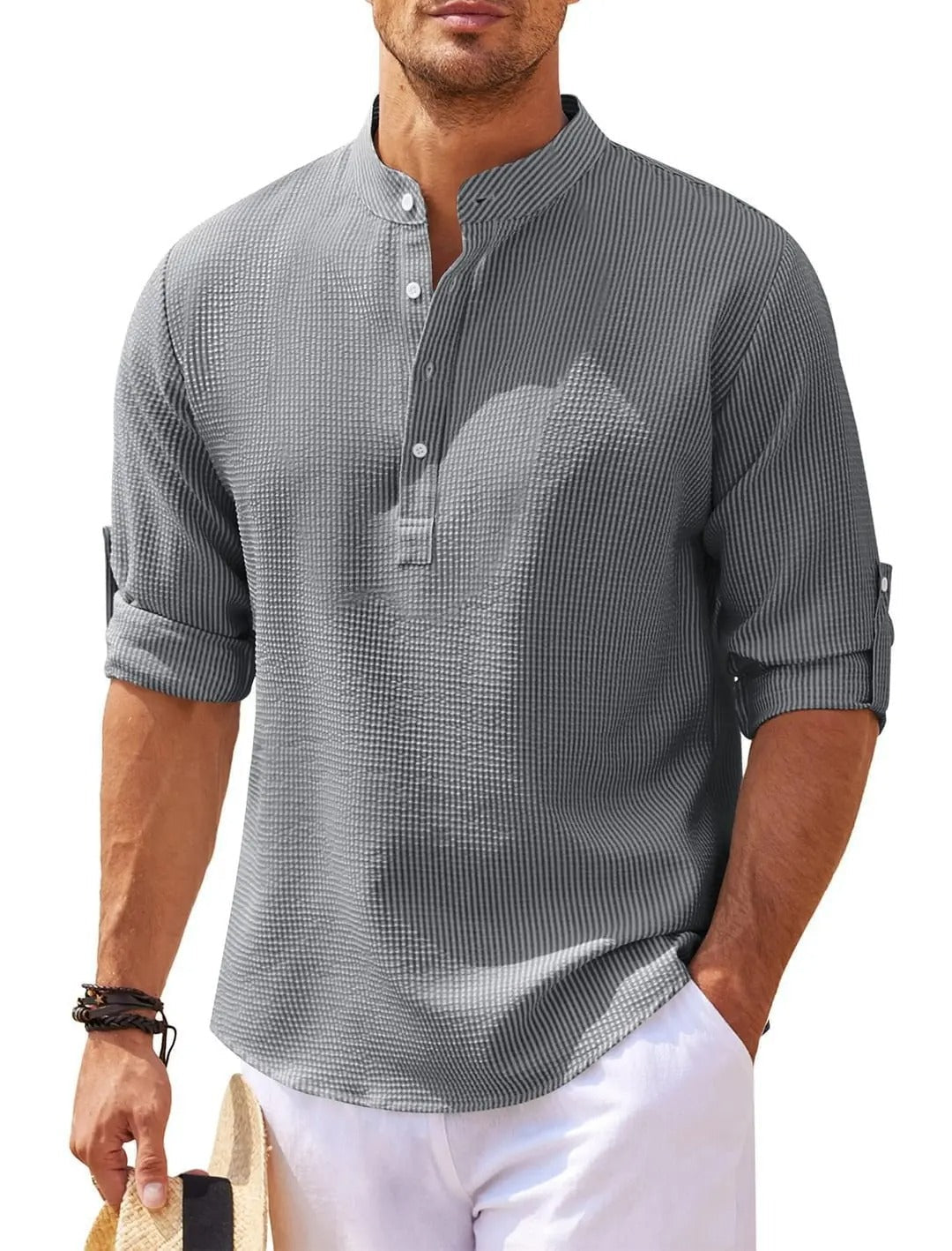 Henry | Men's Striped Linen Stand-Collar Long-Sleeve Henley Shirt Prescott Mode