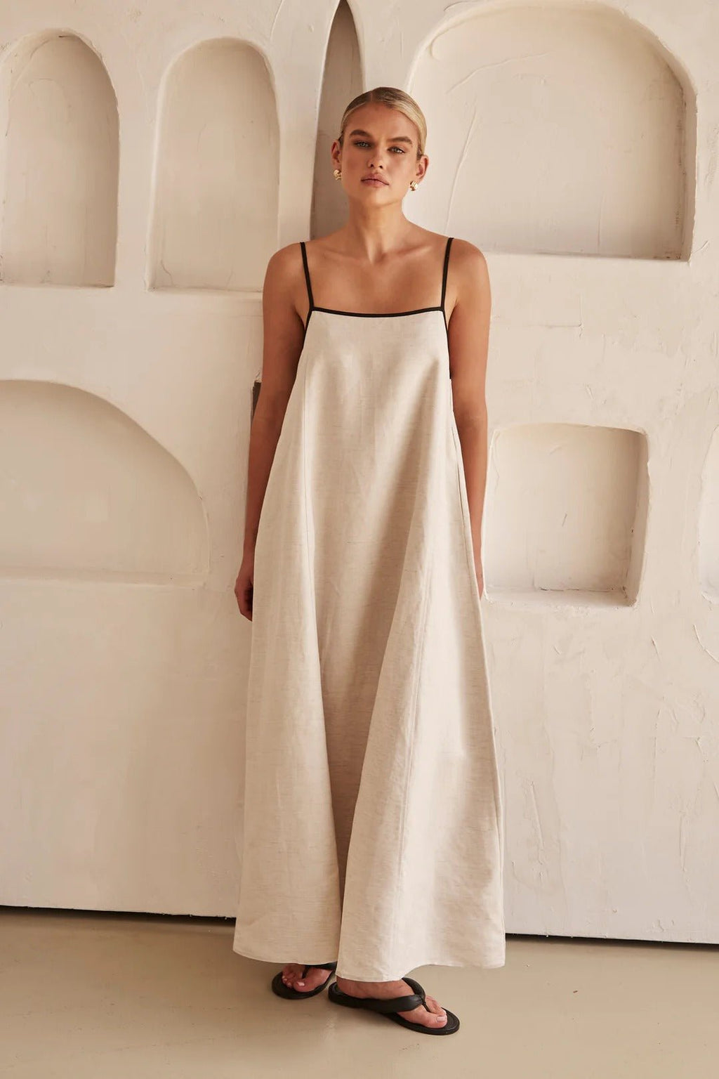 Linen Maxi Dress Adjustable Straps Contrast Trim Relaxed Fit - Cream