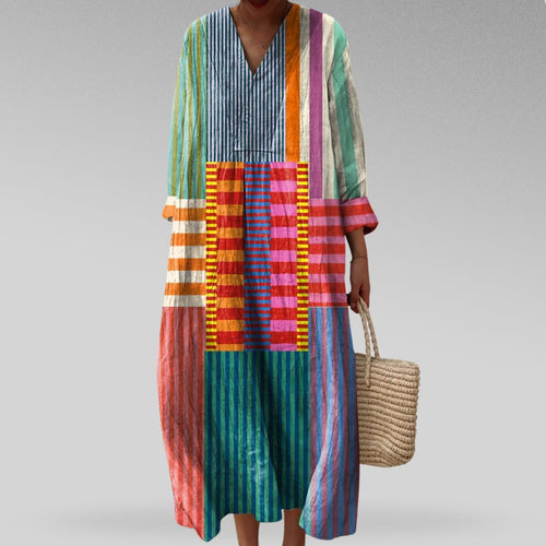 Maxi Dress Linen Oversized Colorblock Stripe V-Neck 3/4 Sleeve