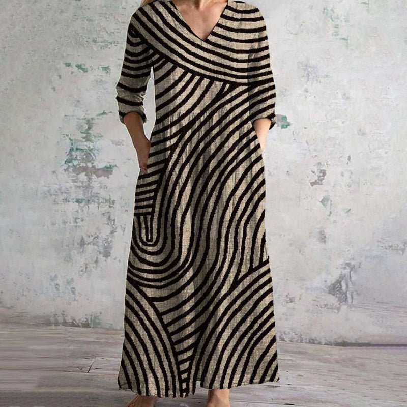 Maxi Dress V-Neck Striped 3/4 Sleeve Vintage Style
