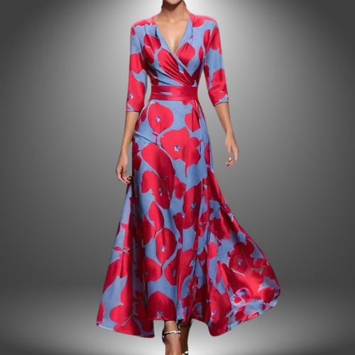 Maxi Wrap Dress V-Neck Bohemian Floral 3/4 Sleeve - Red