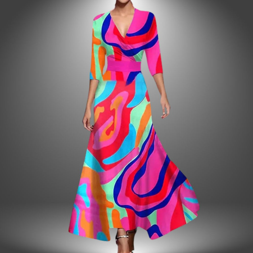 Maxi Wrap Dress V-Neck Bohemian Floral 3/4 Sleeve - Pink