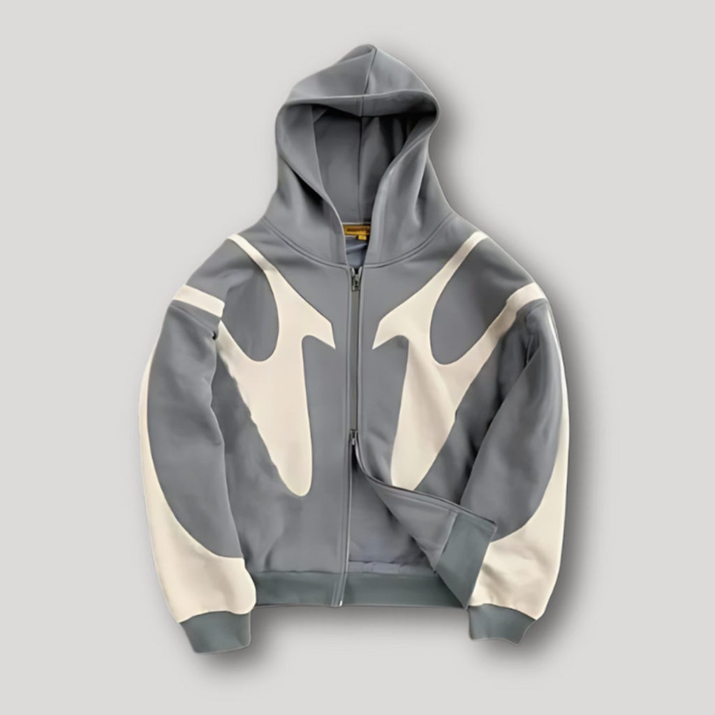 Men's Bold Contrast-Panel Full-Zip Graphic Hoodie - Gray