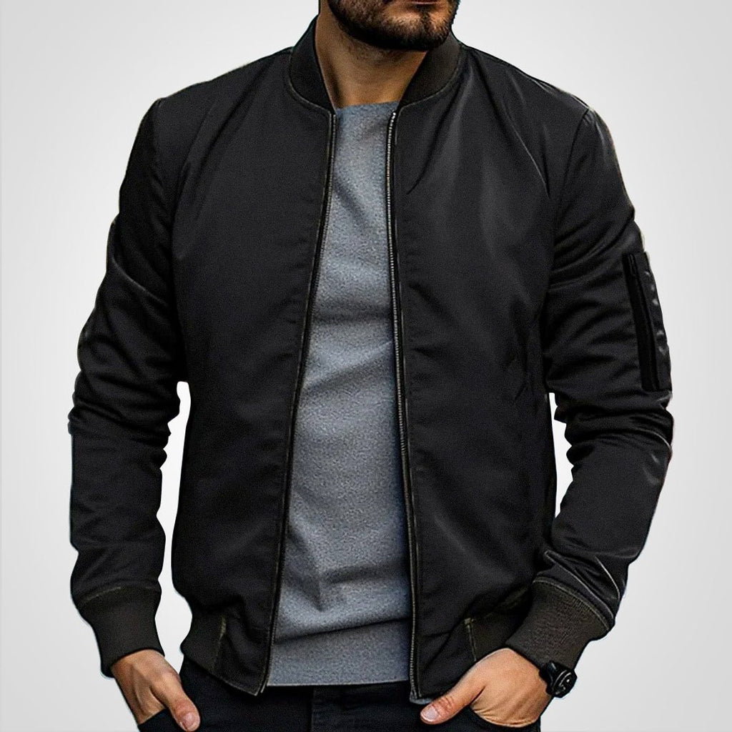 Mens Bomber Jacket Classic Zip-Up Lightweight Outerwear - Black