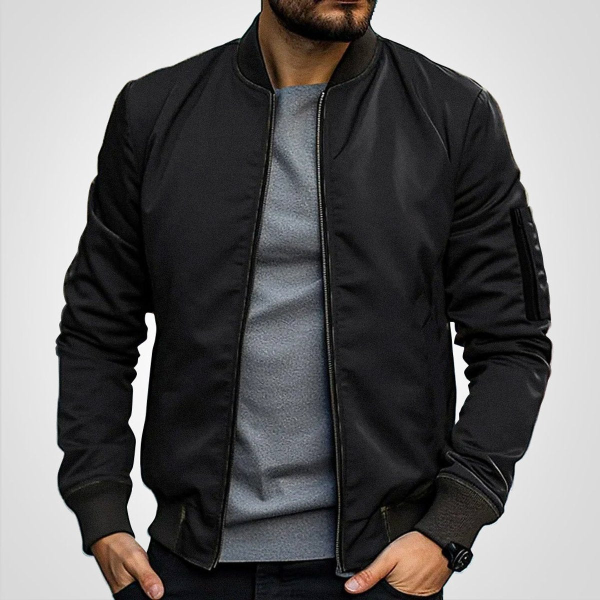 Mens Bomber Jacket Classic Zip-Up Lightweight Outerwear - Black