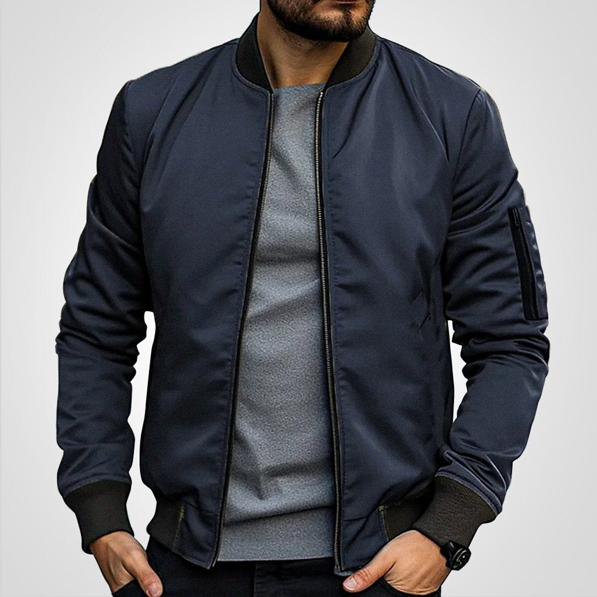 Mens Bomber Jacket Classic Zip-Up Lightweight Outerwear - Dark Blue