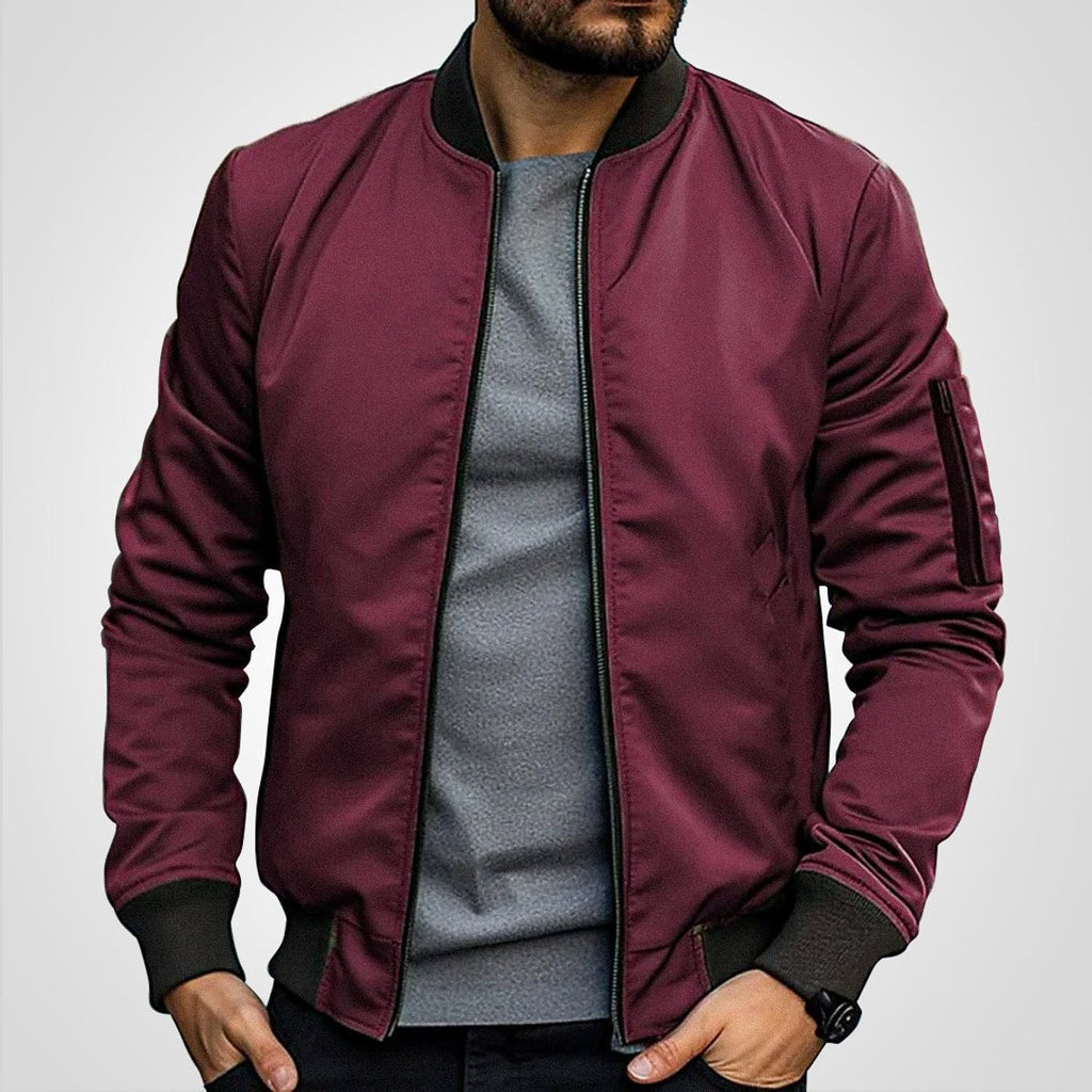 Mens Bomber Jacket Classic Zip-Up Lightweight Outerwear - Burgundy