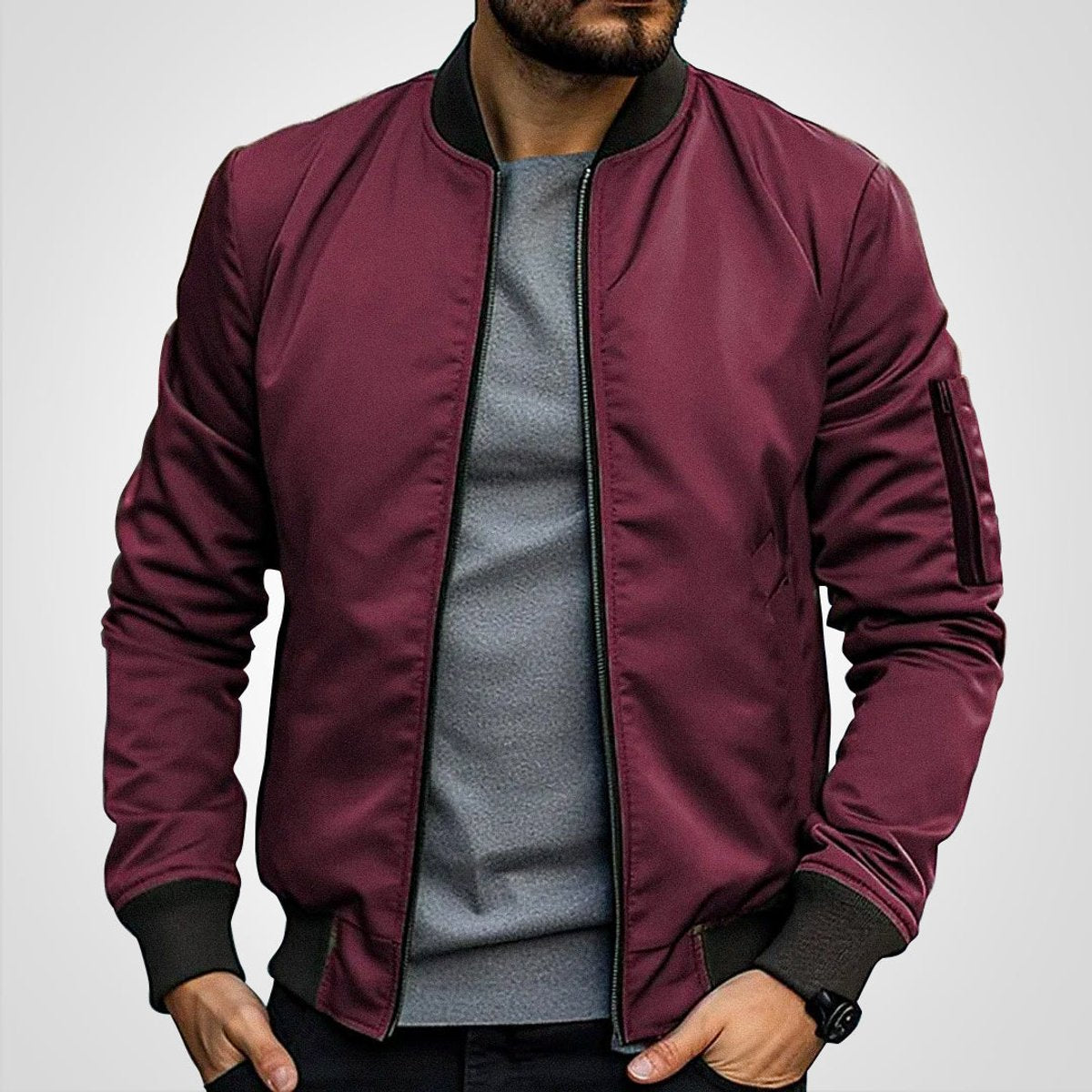 Mens Bomber Jacket Classic Zip-Up Lightweight Outerwear - Burgundy