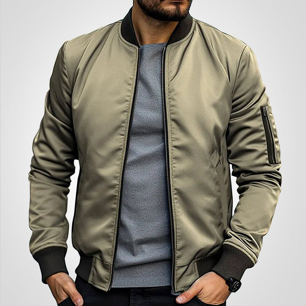 Mens Bomber Jacket Classic Zip-Up Lightweight Outerwear - Khaki