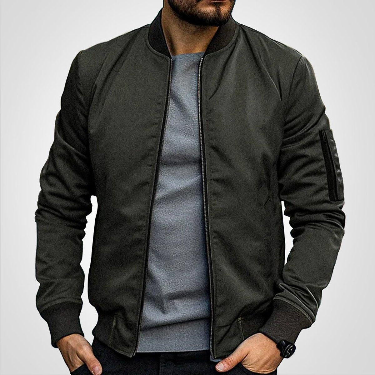 Mens Bomber Jacket Classic Zip-Up Lightweight Outerwear - Olive Green