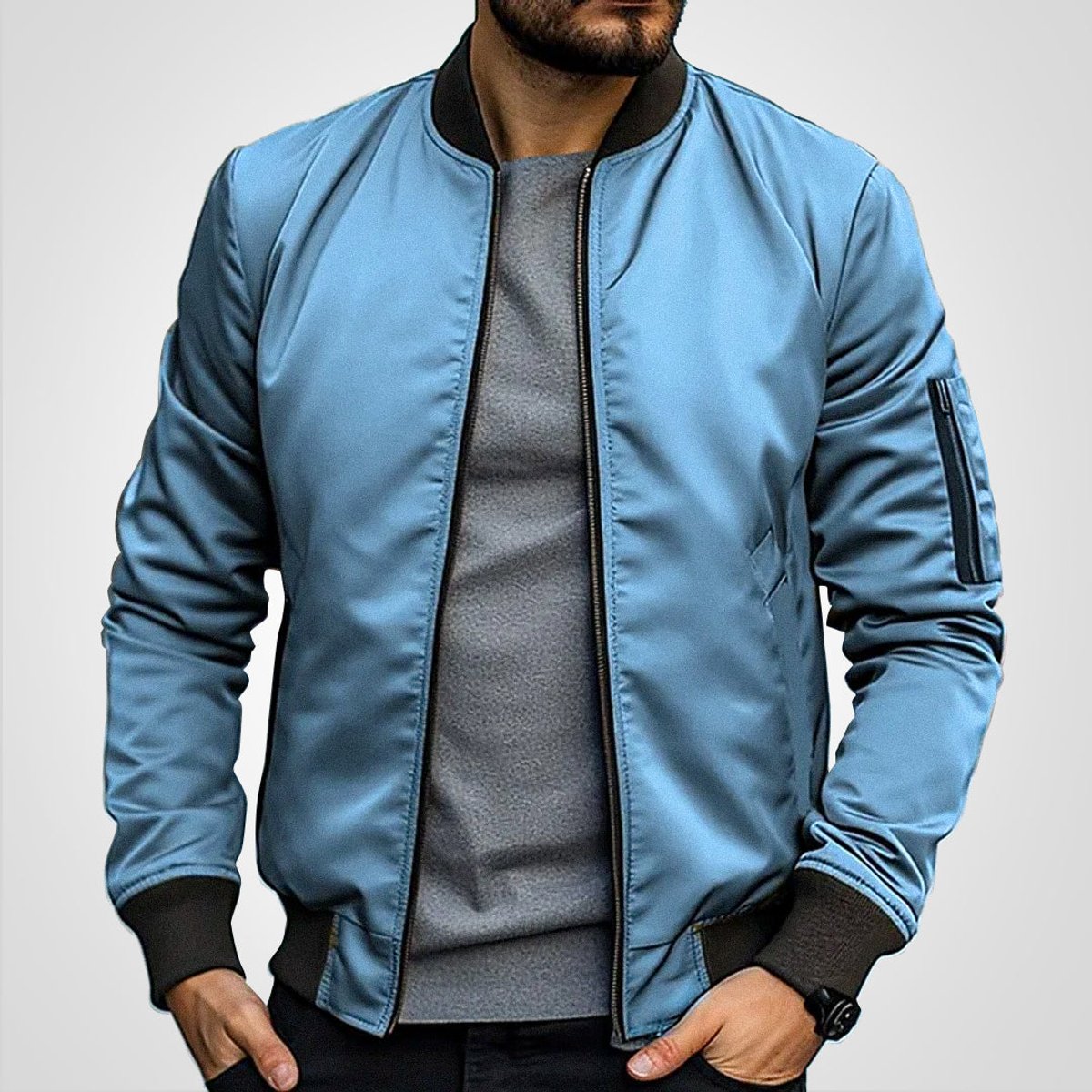 Mens Bomber Jacket Classic Zip-Up Lightweight Outerwear - Blue