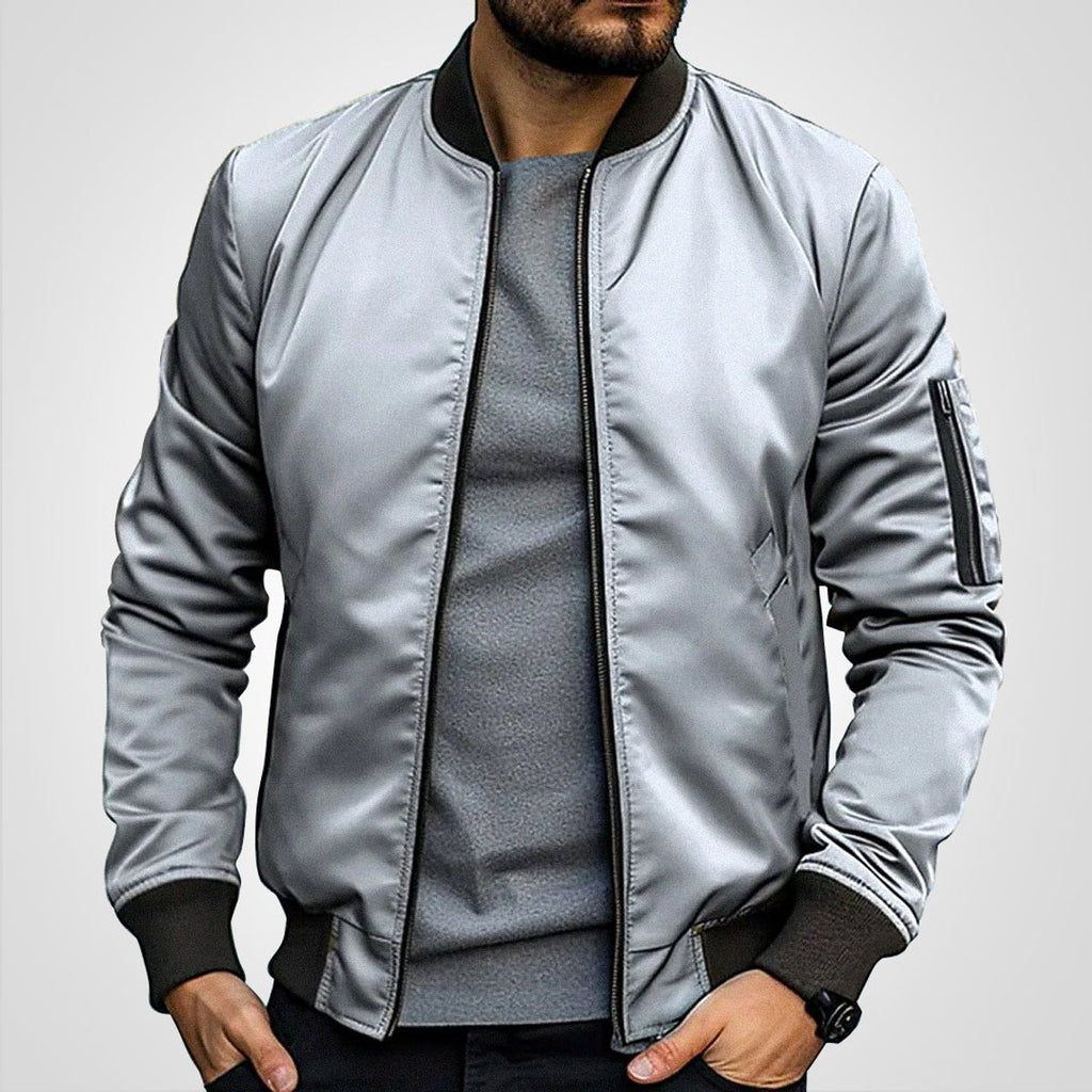 Mens Bomber Jacket Classic Zip-Up Lightweight Outerwear - Light Gray