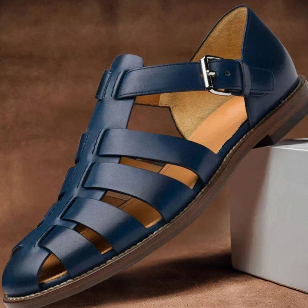 Men's Buckle-Strap Leather Roman Gladiator Sandals - Dark Blue