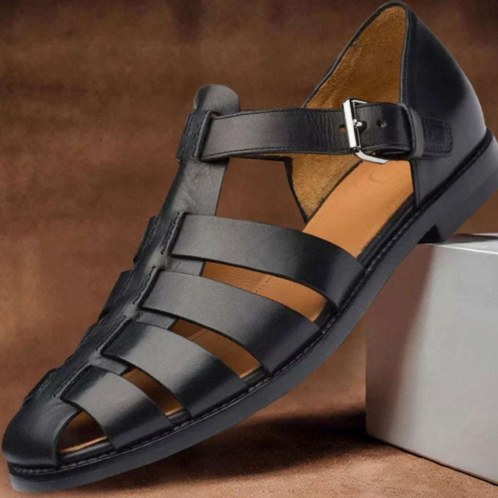 Men's Buckle-Strap Leather Roman Gladiator Sandals - Black