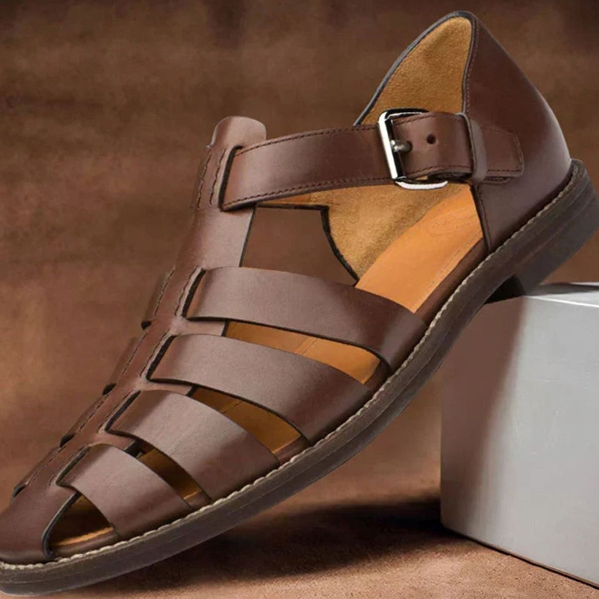 Men's Buckle-Strap Leather Roman Gladiator Sandals - Dark Brown