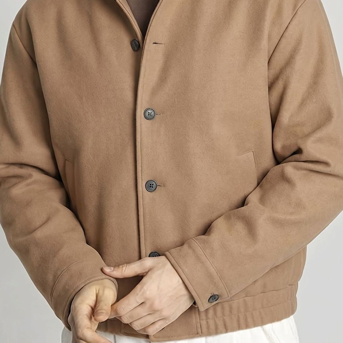 Men's Button-Front Wool-Blend Bomber Jacket - Khaki