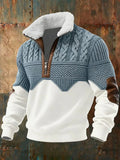 Men's Cable Knit Sweater Quarter-Zip Fleece Collar Colorblock Pullover