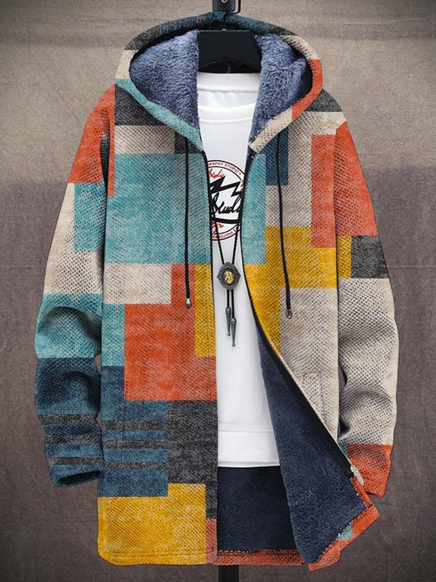 Mens Cardigan Fleece-Lined Zip-Up Abstract Art Print Hoodie - Multicolor