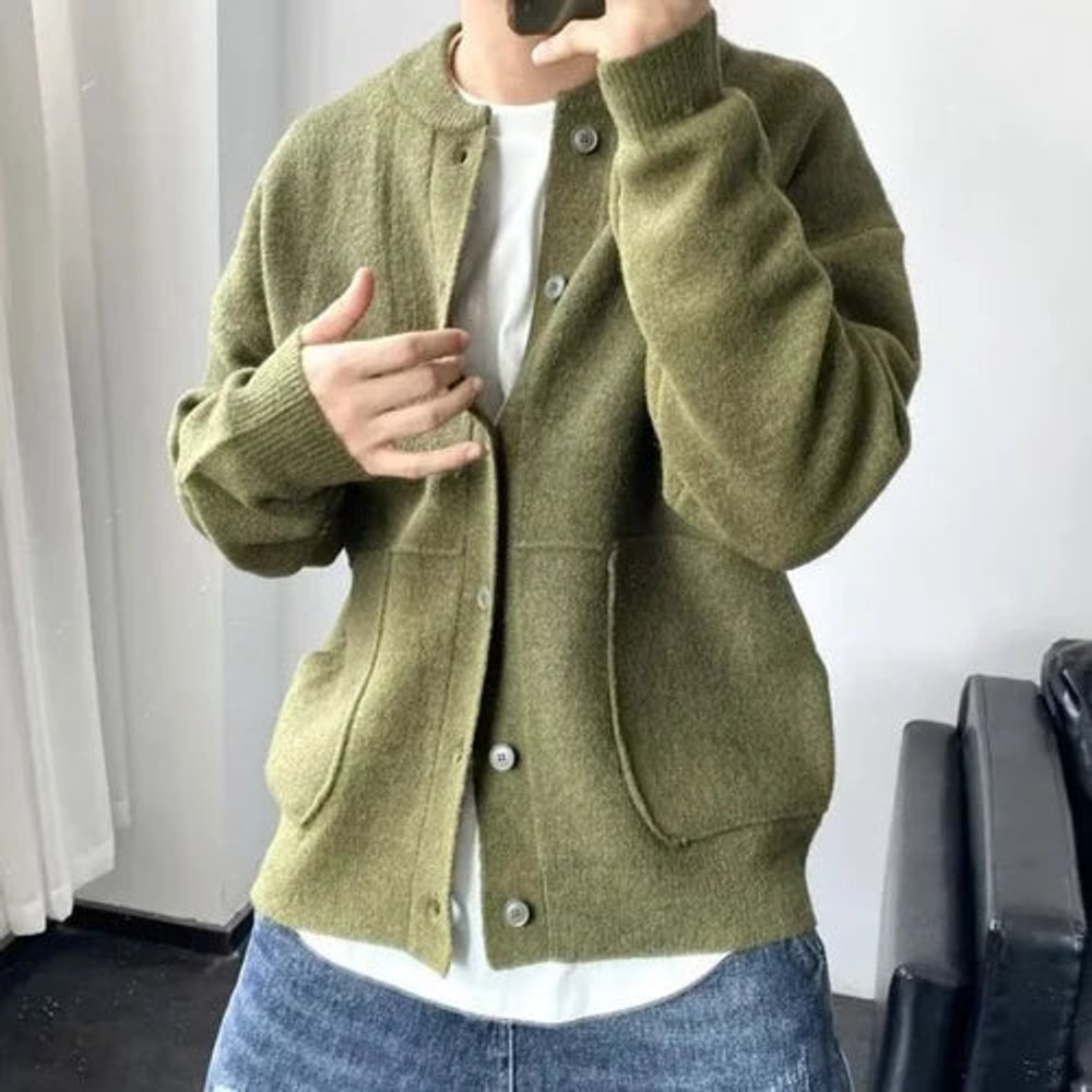 Mens Cardigan Relaxed-Fit Button-Front Knit Sweater