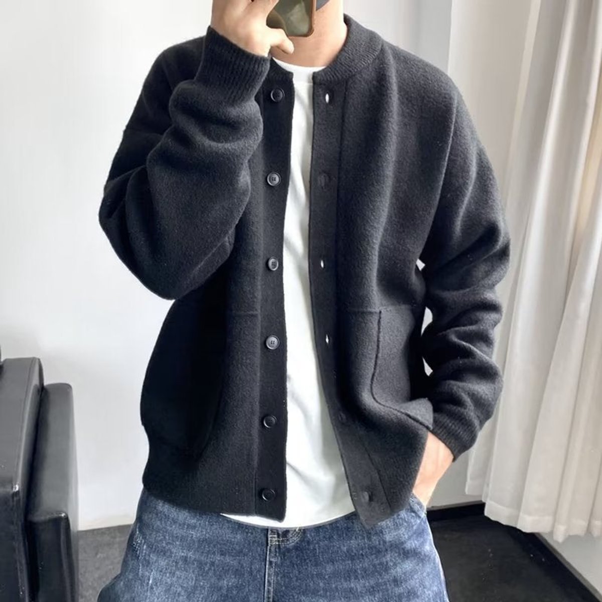 Mens Cardigan Relaxed-Fit Button-Front Knit Sweater - Black