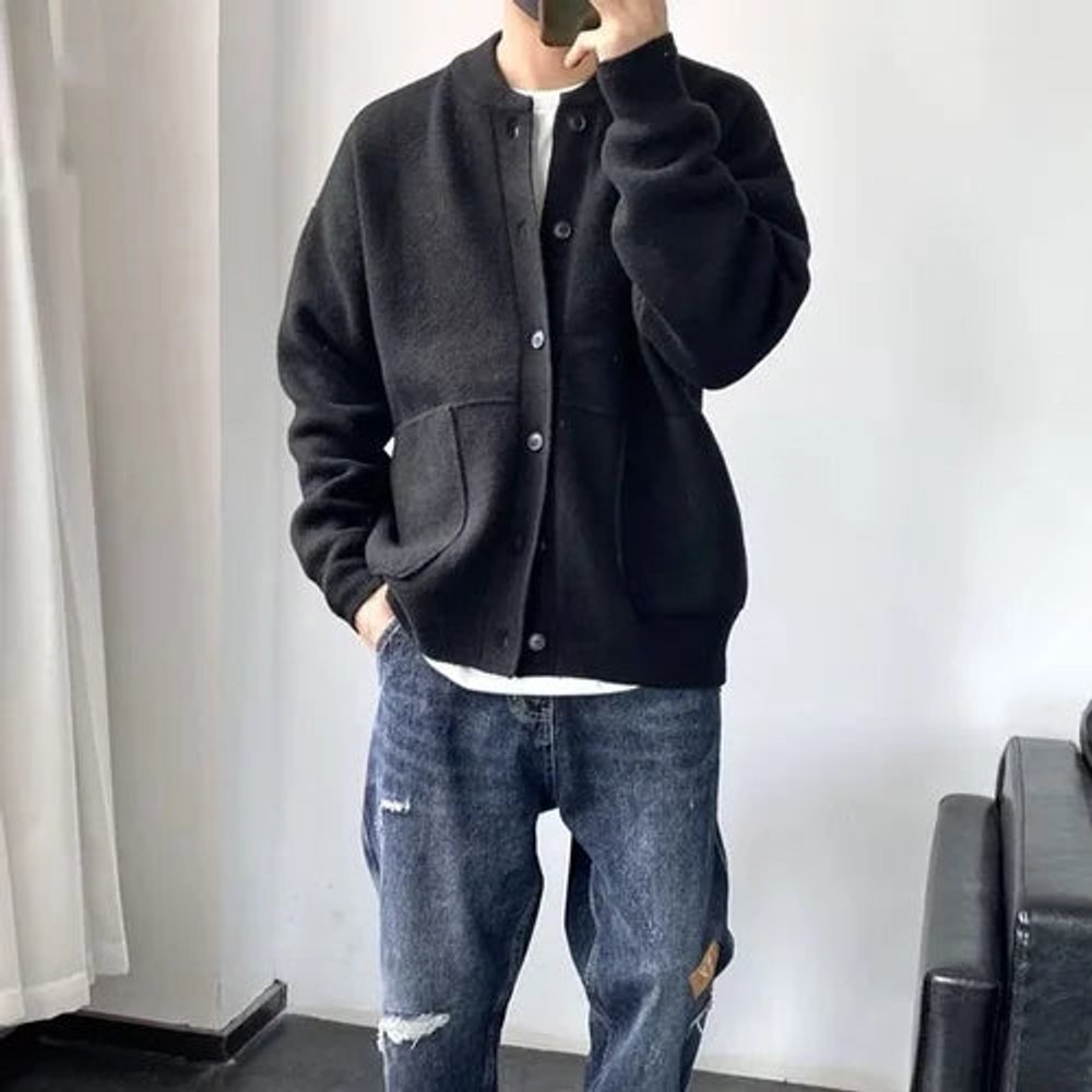 Mens Cardigan Relaxed-Fit Button-Front Knit Sweater